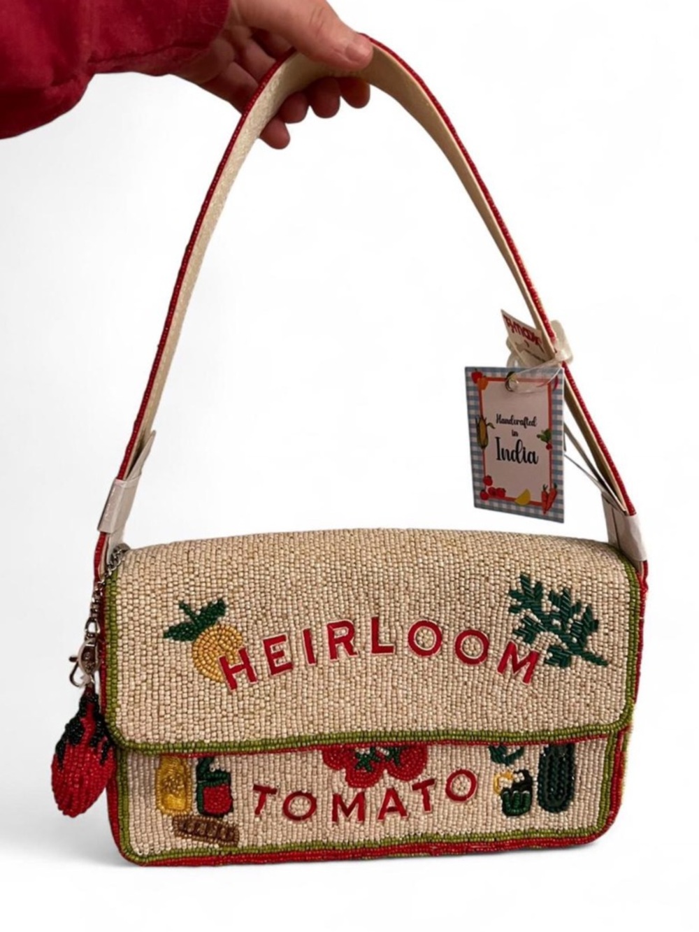 tan Heirloom Tomato Beaded Shoulder Bag made in india
